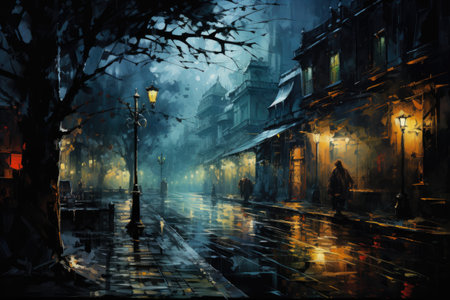 a foggy street at night in Cityの素材