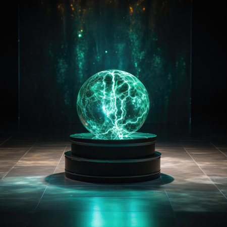 Magic crystal ball with lightning on dark background.の素材
