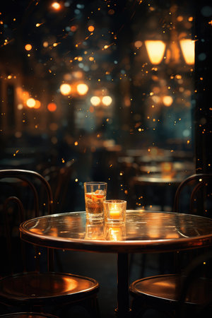 Two glasses of whiskey on a table in a cafe in the cityの素材
