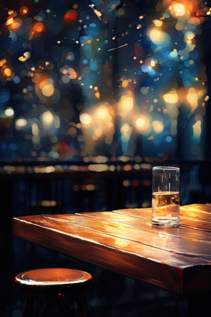 Glass of whiskey on a table in a pub. Blurred backgroundの素材