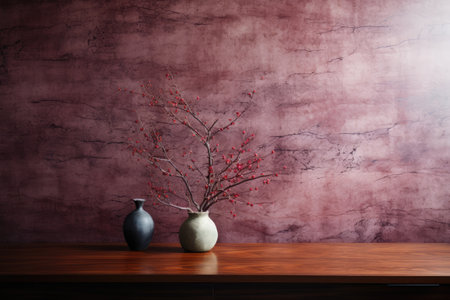 Vase with red berries on wooden table in front of grunge wallの素材