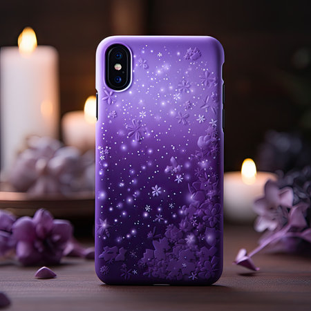 Lilac mobile phone on a wooden background with flowers and candlesの素材