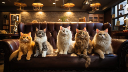 Group of three cats sitting on a leather sofa in a coffee shopの素材