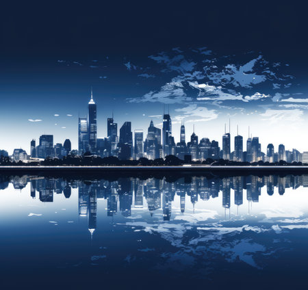 skyline at night with reflection on waterの素材