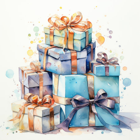 Watercolor pile of colorful gift boxes with bows.の素材