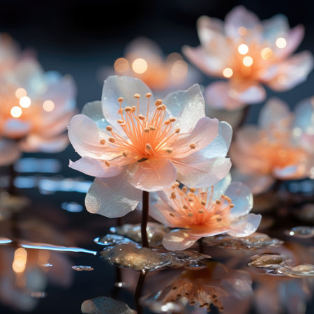 Beautiful flowers reflected in water with bokeh lights. Floral background.の素材