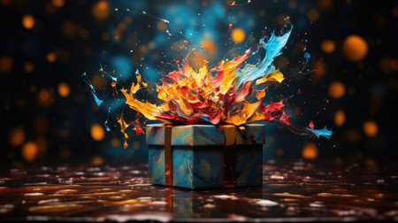 Gift box with fire flames and bokeh background.の素材