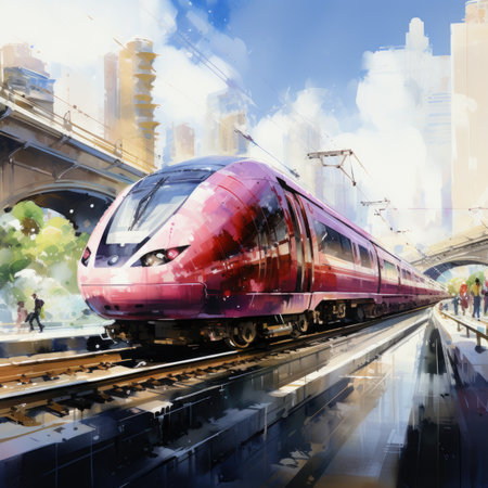 Modern high-speed train on the background of the city.の素材