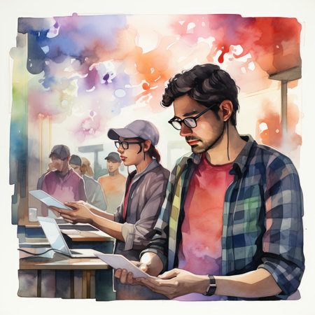 two young men using digital tablet in coffee shop.の素材