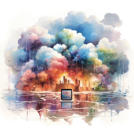 Watercolor big city in a cloud of smokeの素材