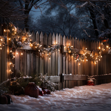 Wooden fence in the snow at night with garlands and Christmas lights.の素材
