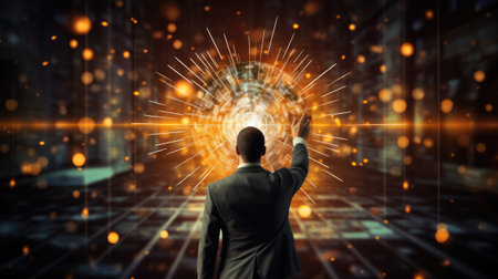 Back view of businessman touching global network interface on dark backgroundの素材
