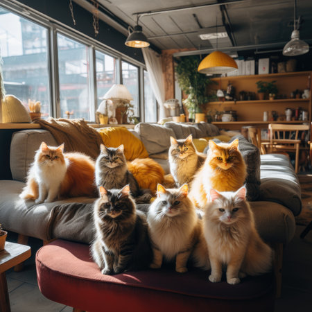 Group of cats sitting on sofa and looking at camera in cafe.の素材