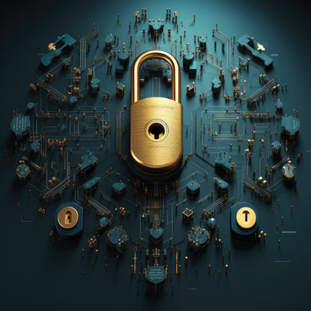Cyber security concept. Lock on circuit board.の素材