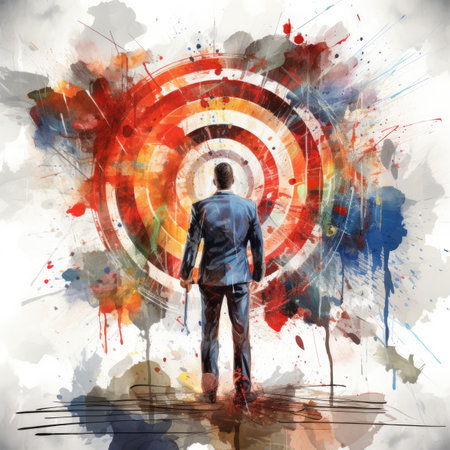 Businessman standing in front of an abstract background with colorful blotsの素材