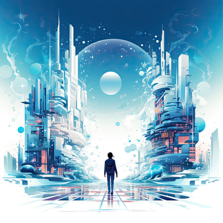 businesswoman walking on city street with skyscrapersの素材