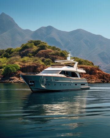 Luxury yacht sailing in the sea with mountains in the backgroundの素材