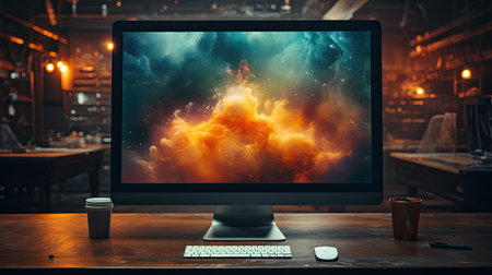 Computer monitor with abstract colorful background.の素材