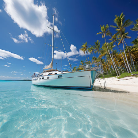 Sailing boat on tropical beach with palms and turquoise waterの素材