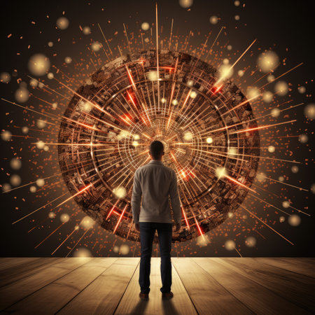 Back view of businessman looking at abstract globe with glowing particles on dark backgroundの素材