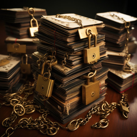 Pile of old books with golden chain and padlock on wooden tableの素材