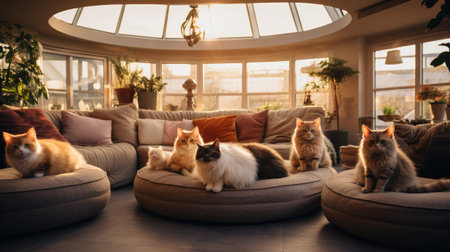 Group of cats sitting on a sofa in the living room at homeの素材