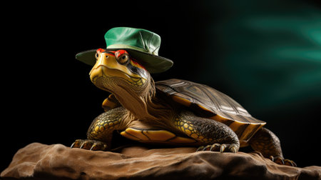 turtle wearing a leprechaun hat on a black backgroundの素材