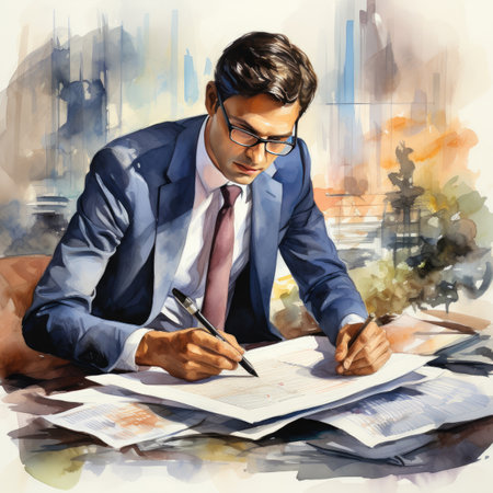 Watercolor young businessman working in the office.の素材