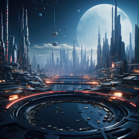 Futuristic city at night with full moonの素材
