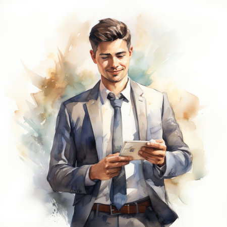Watercolor Young handsome businessman using mobile phone.の素材