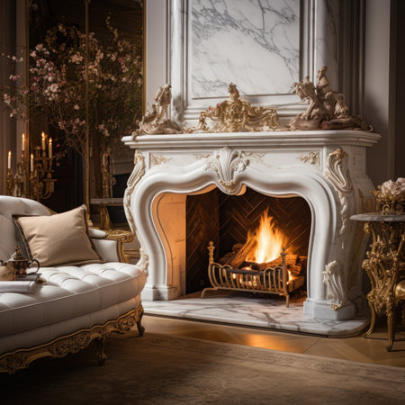 Luxury apartments with fireplace and classic furniture. Evening lighting.の素材