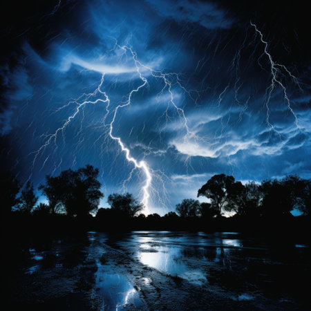 Lightning strike in the sky over the river at night, natural disasterの素材