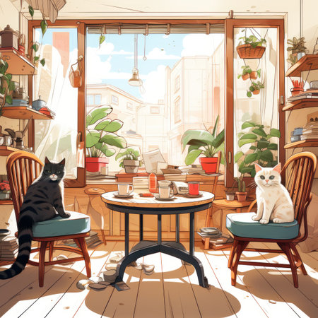 Cute cats sitting at the table and drinking coffee in the cafeの素材