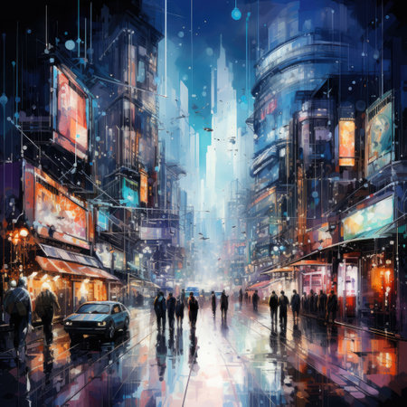 Night city street with many people and neon lights.の素材