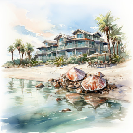 Watercolor luxury villas on the beach with palm trees.の素材