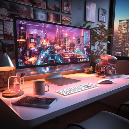 a modern workspace with a computer and a cityscapeの素材