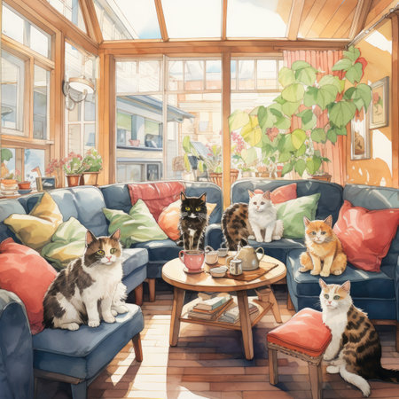 Cats sitting on a sofa in the living room of a country houseの素材