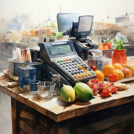 Cash register machine with fruits and vegetables on the counter in a supermarketの素材