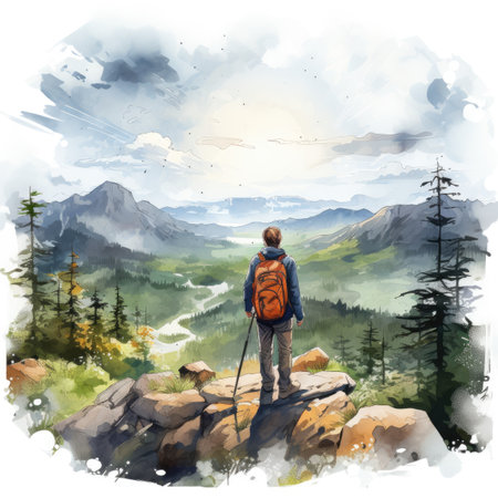 Watercolor Hiking in the mountains.の素材