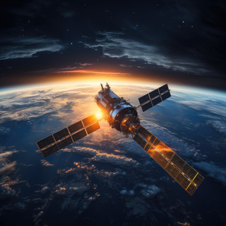 Satellite in space against the background of the earth.の素材