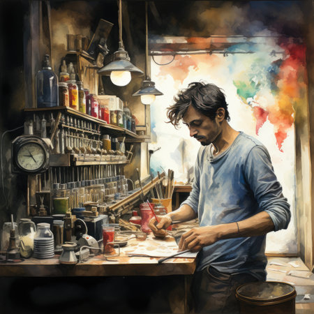 Painting on canvas of young man working in his workshop.の素材