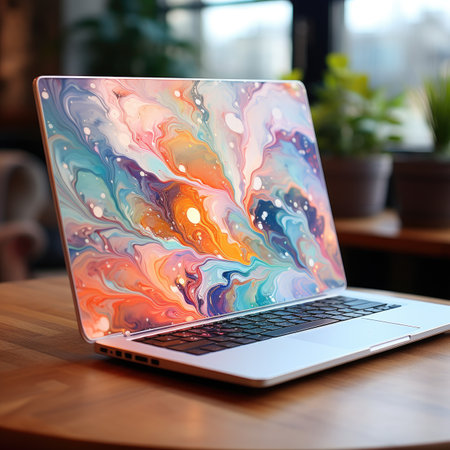Laptop with colorful bokeh lights on a wooden table.の素材
