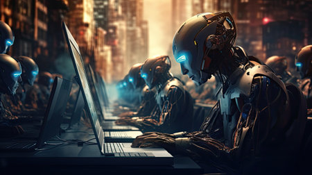 Cyborgs working on computers in a dark city.の素材