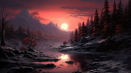 Fantasy landscape. Mountain river in the winter forest at sunset.の素材