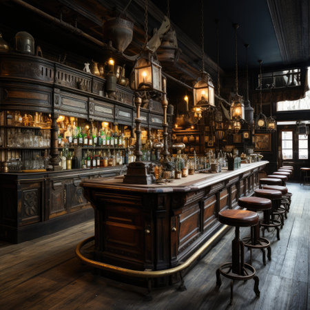 Interior of a bar in a pub with wooden tables and chairsの素材