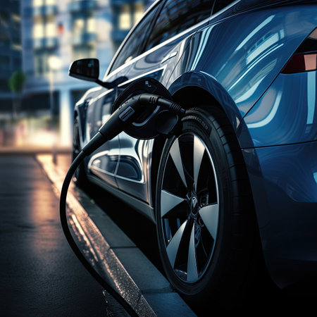 Electric car charging at a charger station.の素材