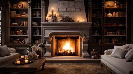Fireplace in a living room with bookshelves and candles.の素材