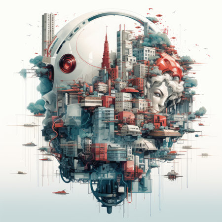 Modern cityscape with futuristic robot head. Artificial intelligence concept.の素材
