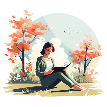 Young woman reading a book in the autumn park.の素材