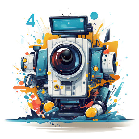 Vector illustration of a camera on a background of watercolor splashesの素材